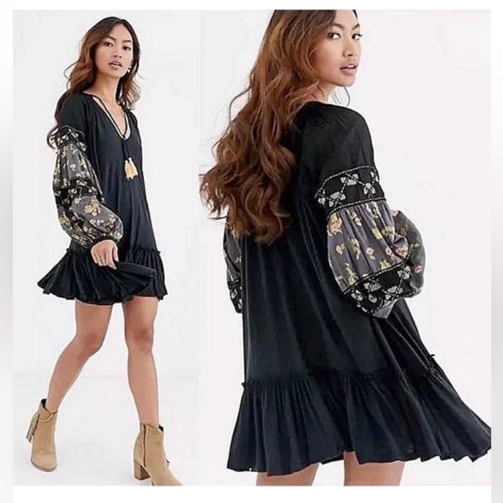 Free People Mix It Up mini dress boho hippie beaded balloon sleeve v neck medium